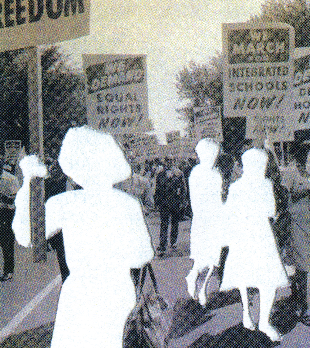Photo illustration of an archival photo from the civil rights movement with African American men and women marching with signs, demanding equal rights. Three of the women have been cut out and removed from the image, leaving behind a white space.