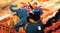 Illustration of Trump as Napoleon — he has wrapped himself in an American flag, and sits in a saddle atop a rearing elephant; scattered on the ground are election ballots and voting booth, and in the distance Washinghton D.C. is engulfed in flames.