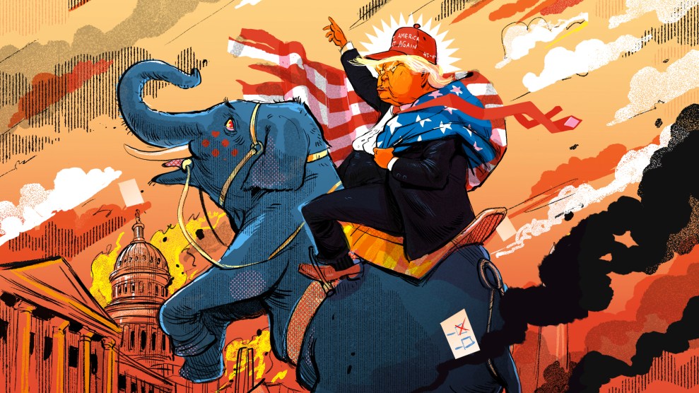 Illustration of Trump as Napoleon — he has wrapped himself in an American flag, and sits in a saddle atop a rearing elephant; scattered on the ground are election ballots and voting booth, and in the distance Washinghton D.C. is engulfed in flames.