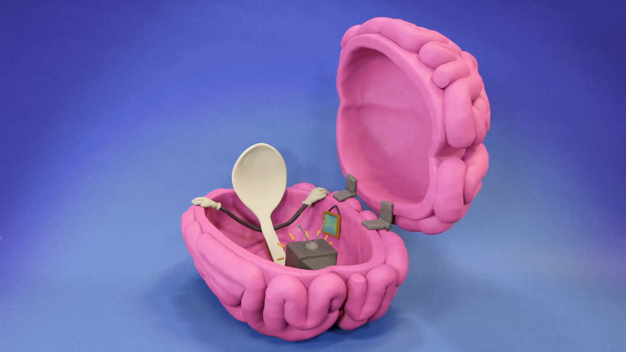 Animation of a spoon with arms watching TV inside a brain with a framed photo on its wall. The brain opens up to reveal the spoon before the spoon reaches over and closes the brain back up.
