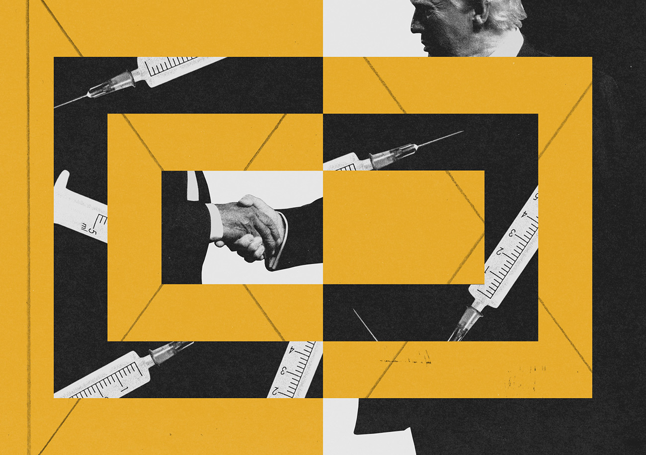 A black-and-white photo of a handshake between two men in suits is at the center, surrounded by multiple images of medical syringes. At the top of the frame, a partial image of Donald Trump is visible. The composition is set against bold yellow and black geometric shapes.