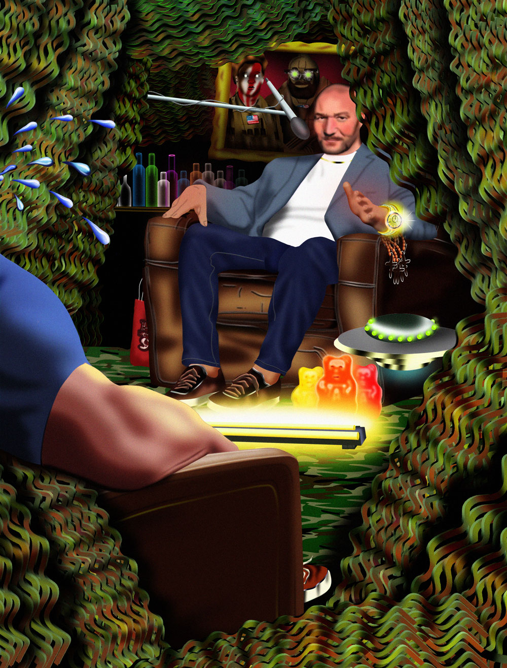 A photo illustration of a man in a blazer sitting across from a muscled man. Tears appear to fly from the muscled man.