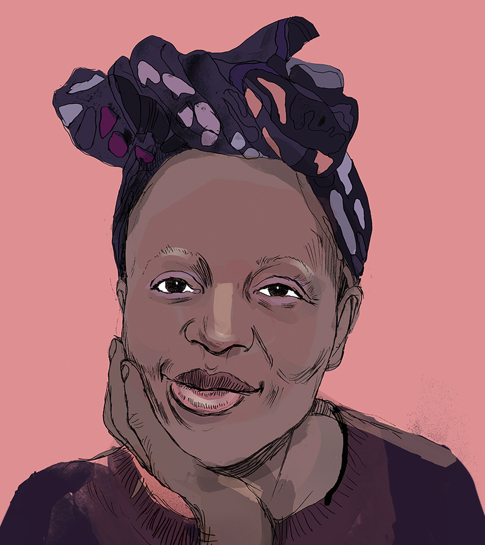 Illustrated portrait of author Kashana Cauley; she poses with her chin resting on one hand and wears a brightly patterned headscarf.