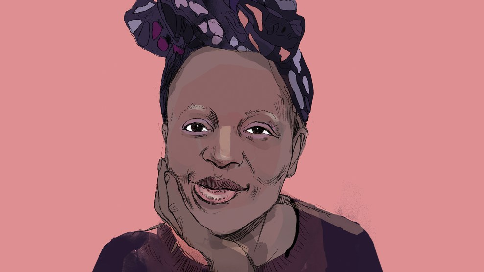 Illustrated portrait of author Kashana Cauley; she poses with her chin resting on one hand and wears a brightly patterned headscarf.