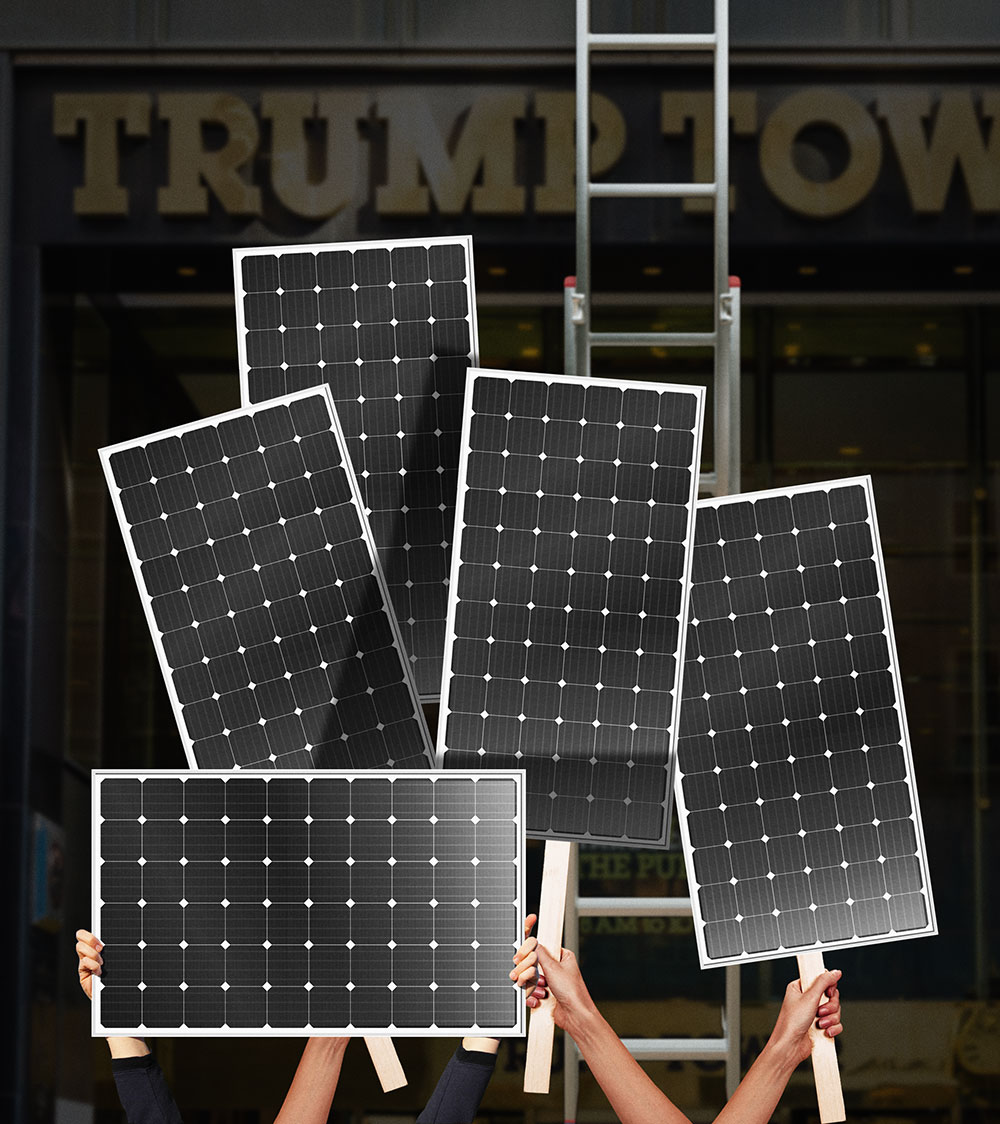 A photo illustration of a crowd of protestors holding solar panels instead of protest signs