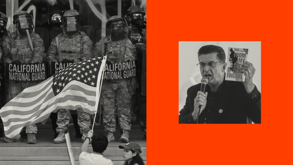 A pairing of two black-and-white photos. On the left is a photo of California National Guard troops standing arm to arm as they hold shields. In front of them stands two people, one of which is holding an American flag thats billowing in the wind. On the right side against a red background is a smaller photo of a middle-aged man in a black suit, no tie, with glasses. The man is speaking emphatically into a microphone while holding a book titled "From My Cold Dead Fingers."