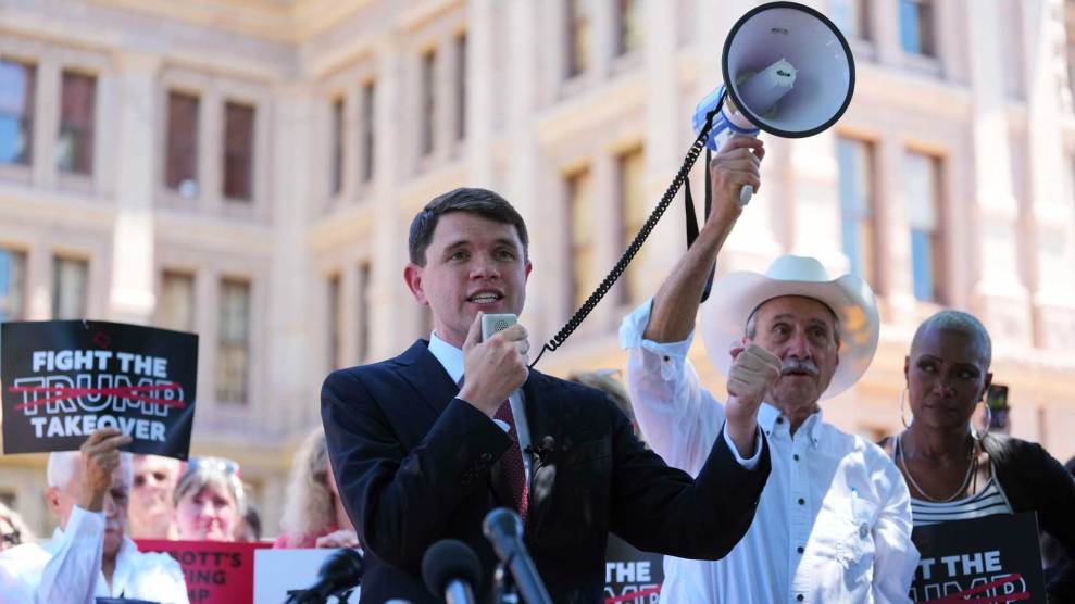 Texas Rep. James Talarico speaking outside the Texas state house.