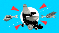 A collage that centers a motorized wheelchair against a white circle, all on a blue background. Around the wheelchair are four red triangles and two dotted white lines. On both the left and right sides are hands that hold wrenches.