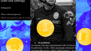 A photo collage in blue and black of police officers wearing Draft One devices, which are about the size of a deck of playing cards. The devices are highlighted in the illustration by a yellow circle.