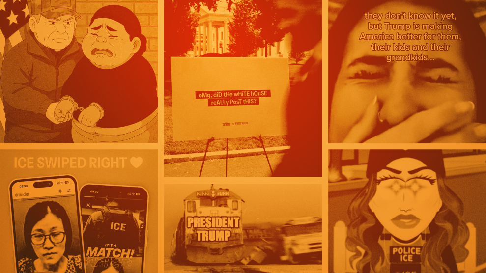 A collage of images posted on @WhiteHouse from X. One image reads "ICE swiped right" followed by a heart emoji above the face of a woman who was detained.