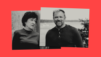 A pairing of black-and-white photos on a red background. On the left, is an an elderly woman with short hair in a business dress looking to the right. On the right, is a middle-aged man looking straight ahead. He's has a beard, short hair, and is standing outdoors in a long-sleeve t-shirt in front of a tree and a body of water.