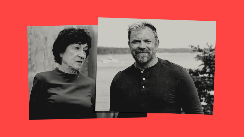 A pairing of black-and-white photos on a red background. On the left, is an an elderly woman with short hair in a business dress looking to the right. On the right, is a middle-aged man looking straight ahead. He's has a beard, short hair, and is standing outdoors in a long-sleeve t-shirt in front of a tree and a body of water.
