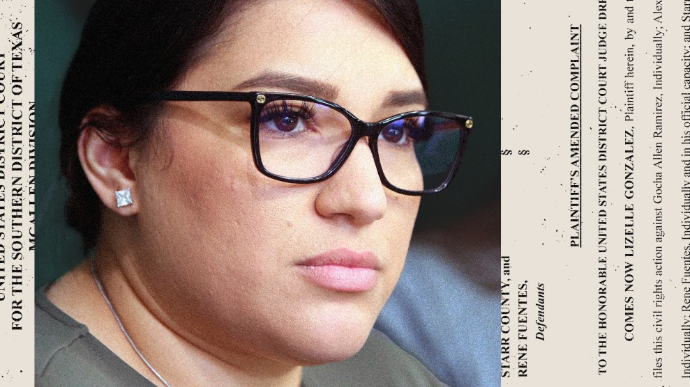 Collage featuring Lizelle Gonzalez, a young woman with dark hair and glasses, alongside clippings from her court filings.