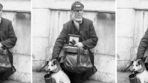 Archival photo of a blind beggar, selling wares with his dog on the street; the photo is repeated on the left and on the right.