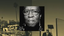 A collage illustration shows burned-down houses on the left, an older woman with short hair in the middle, and Donald Trump on the right.