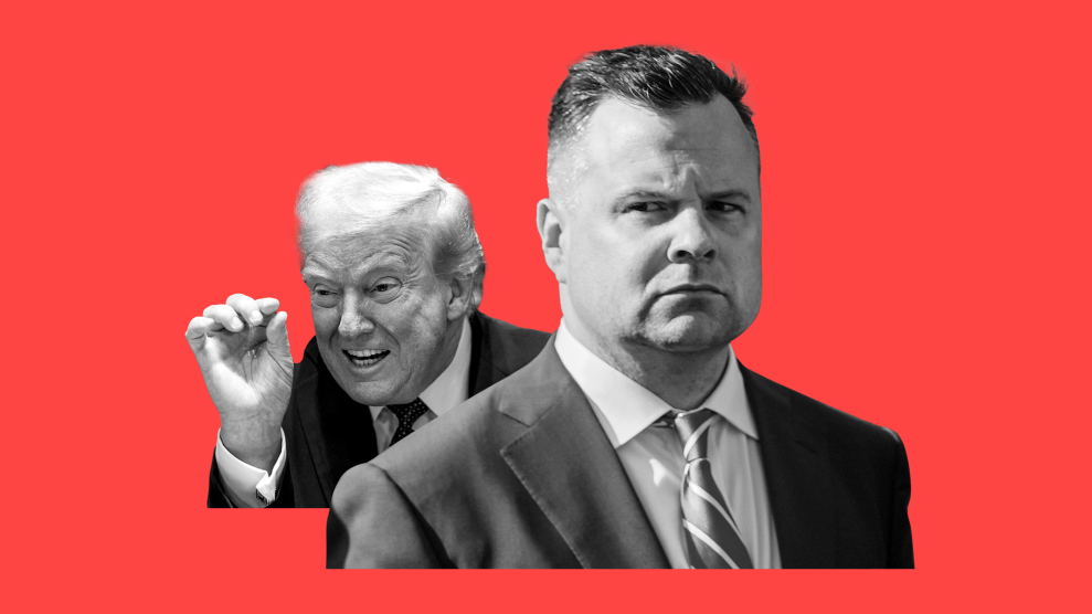 A collage that pairs black-and-white images of Donald Trump and Bill Pulte on a red background. Both men are wearing dark jackets, white shirts and a tie. Pulte is middle-aged and has dark hair.