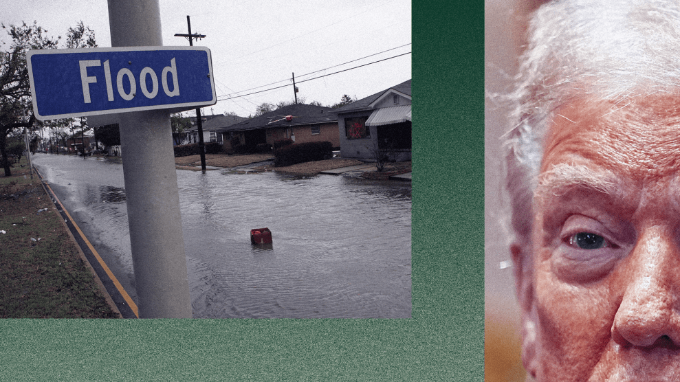 A pairing of color photos on a green gradient background. On the left is a flooded street in a residential neighborhood of New Orleans. In the forefront of the photo is a pole with a blue sign that reads "Flood." On the right is a tightly cropped photo of the right side of the face of Donald Trump. He appears to be looking in the direction of the picture of flooding.