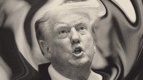 Portrait of Donald Trump speaking; the image has been warped and the background is starting to spin around him in an abstract motion.