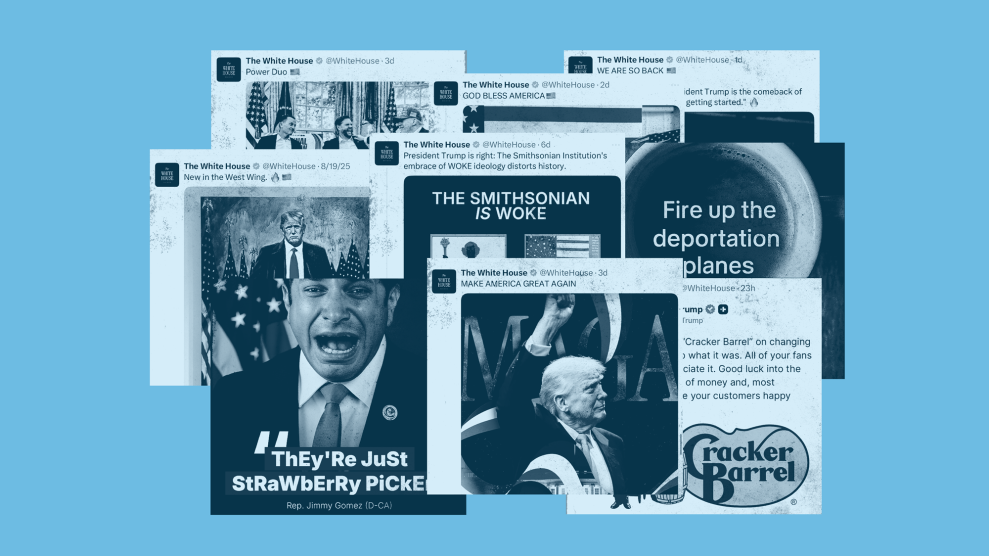 A collage of official White House tweets. One reads "The Smithsonian is Woke." Another reads, "Fire up the deportation planes." Another reads, "ThEy'Re JuSt StRaWbErRy PiCkerS" and crediting the quote to Rep. Jimmy Gomez (D-CA) over an AI image of the congressman appearing to cry.