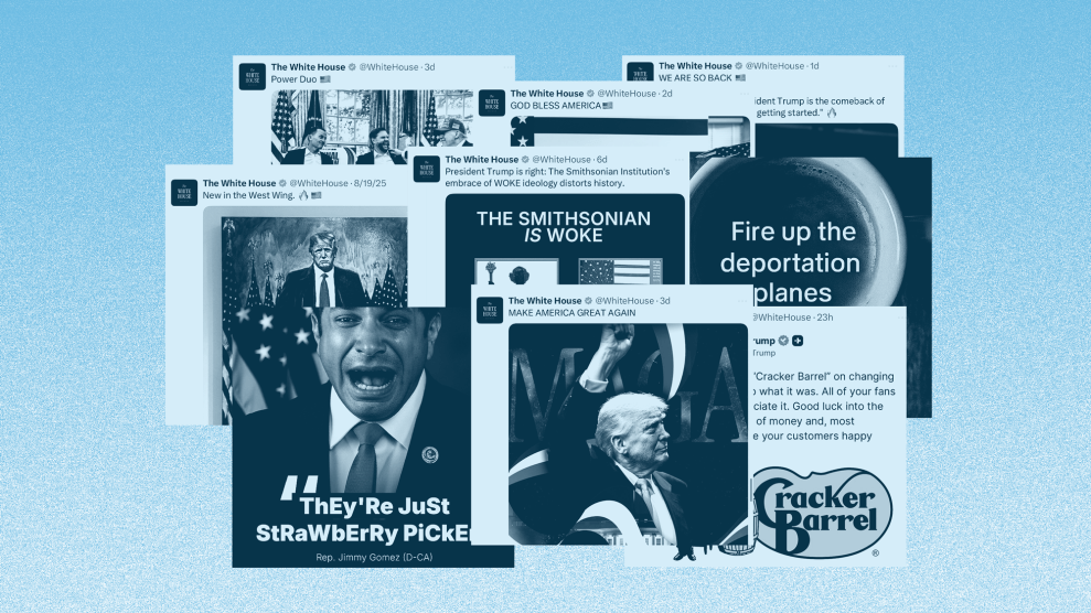 A collage of official White House tweets. One reads "The Smithsonian is Woke." Another reads, "Fire up the deportation planes." Another reads, "ThEy'Re JuSt StRaWbErRy PiCkerS" and crediting the quote to Rep. Jimmy Gomez (D-CA) over an AI image of the congressman appearing to cry.