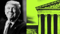 Collage featuring a smirking Donald Trump on the left and a close crop of the Supreme Court Building on the right, in a yellow-green tint.