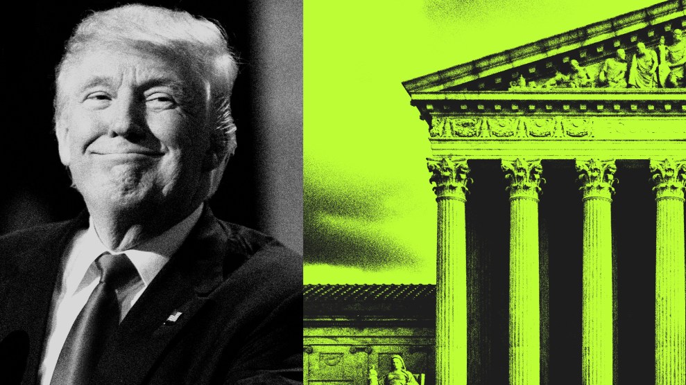 Collage featuring a smirking Donald Trump on the left and a close crop of the Supreme Court Building on the right, in a yellow-green tint.
