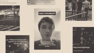 Collage featuring screenshots from videos and apps like ICEBlock and Nextdoor of D.C. residents reporting the locations and movements of ICE agents.