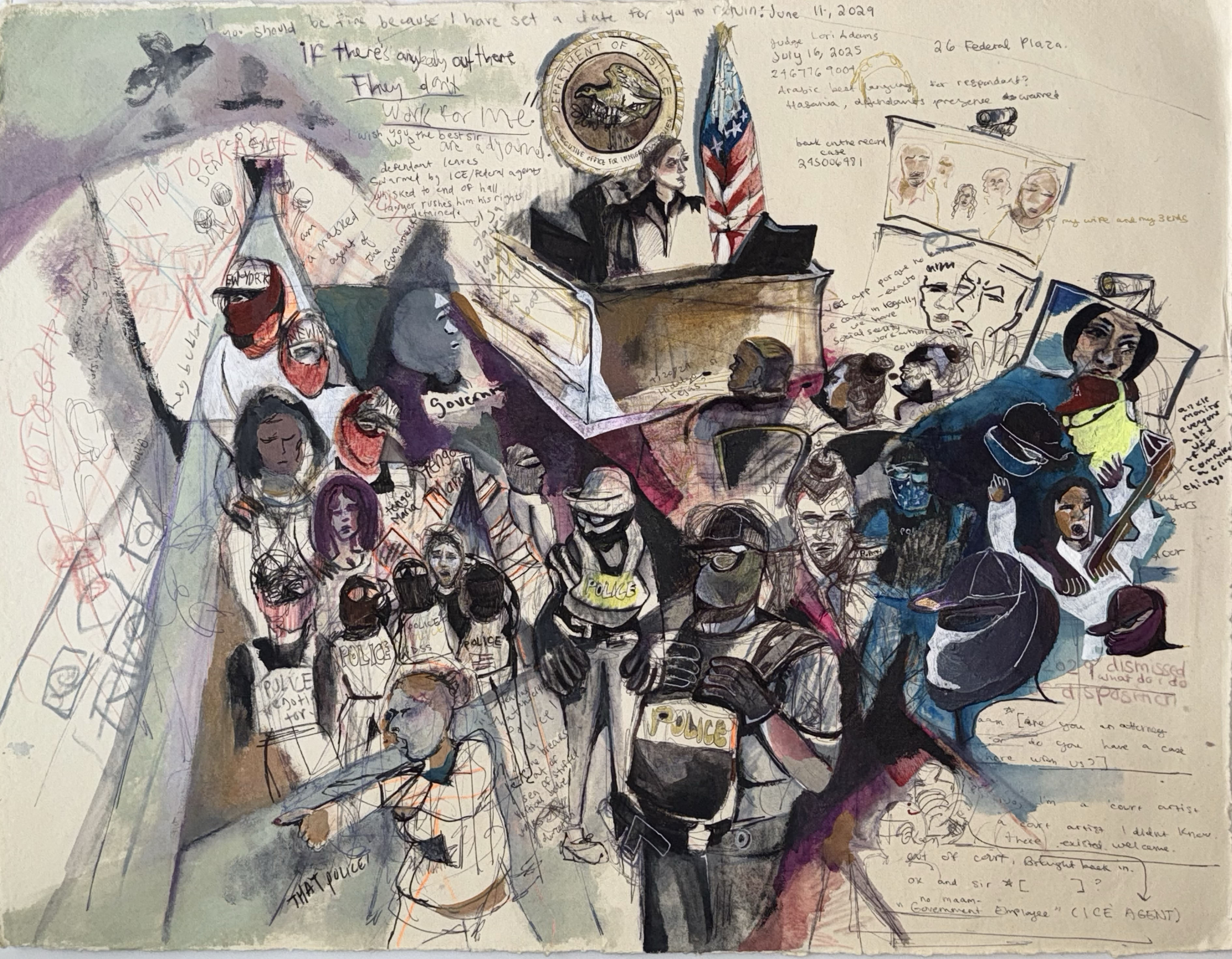 A colorful illustration shows a judge seated at the center of a courtroom, surrounded by law enforcement and other people.