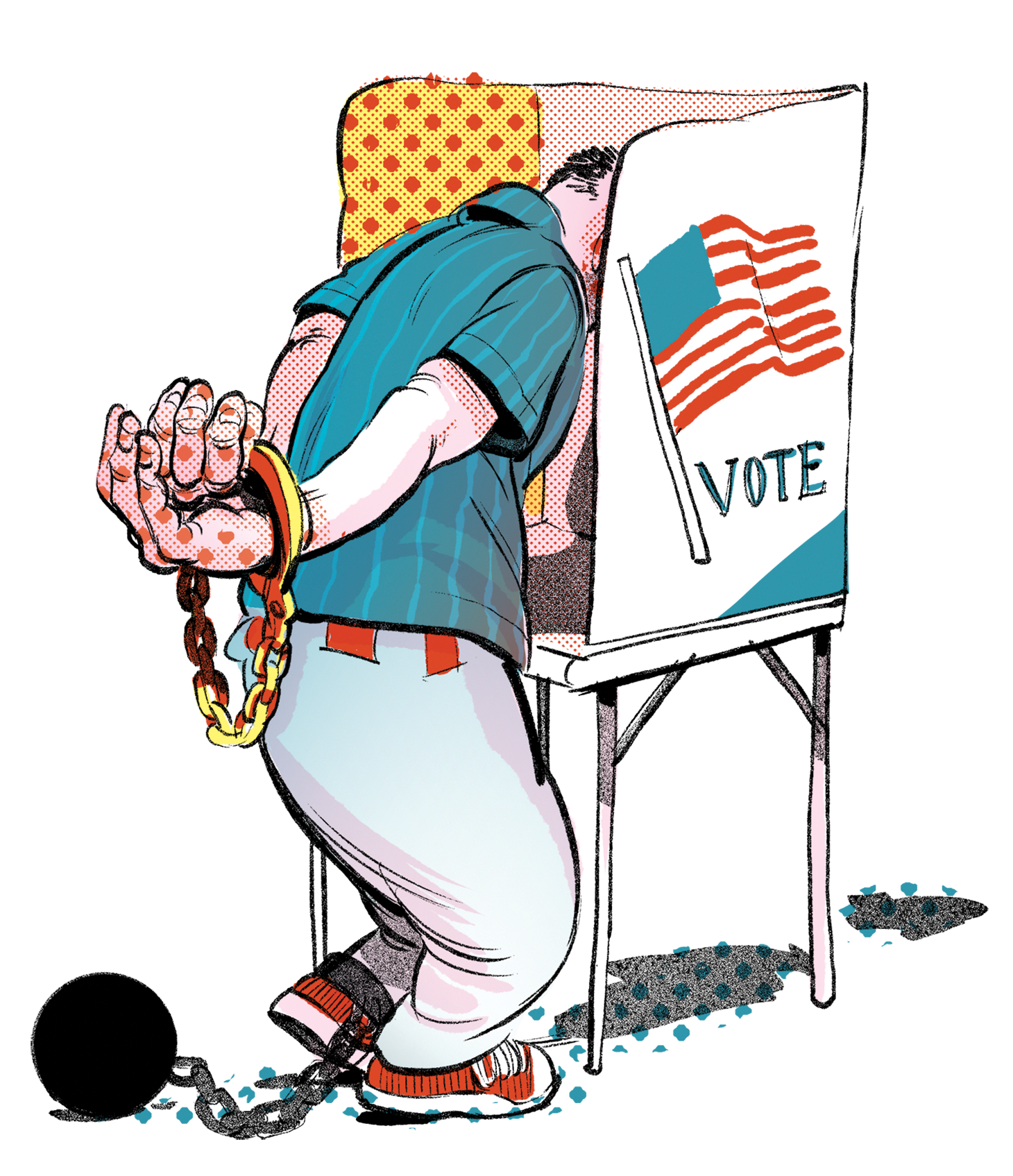 Illustration of a man with his head obscured by a voting booth; his hands are behind his back in cuffs, and his feet are shackled to a ball and chain. 