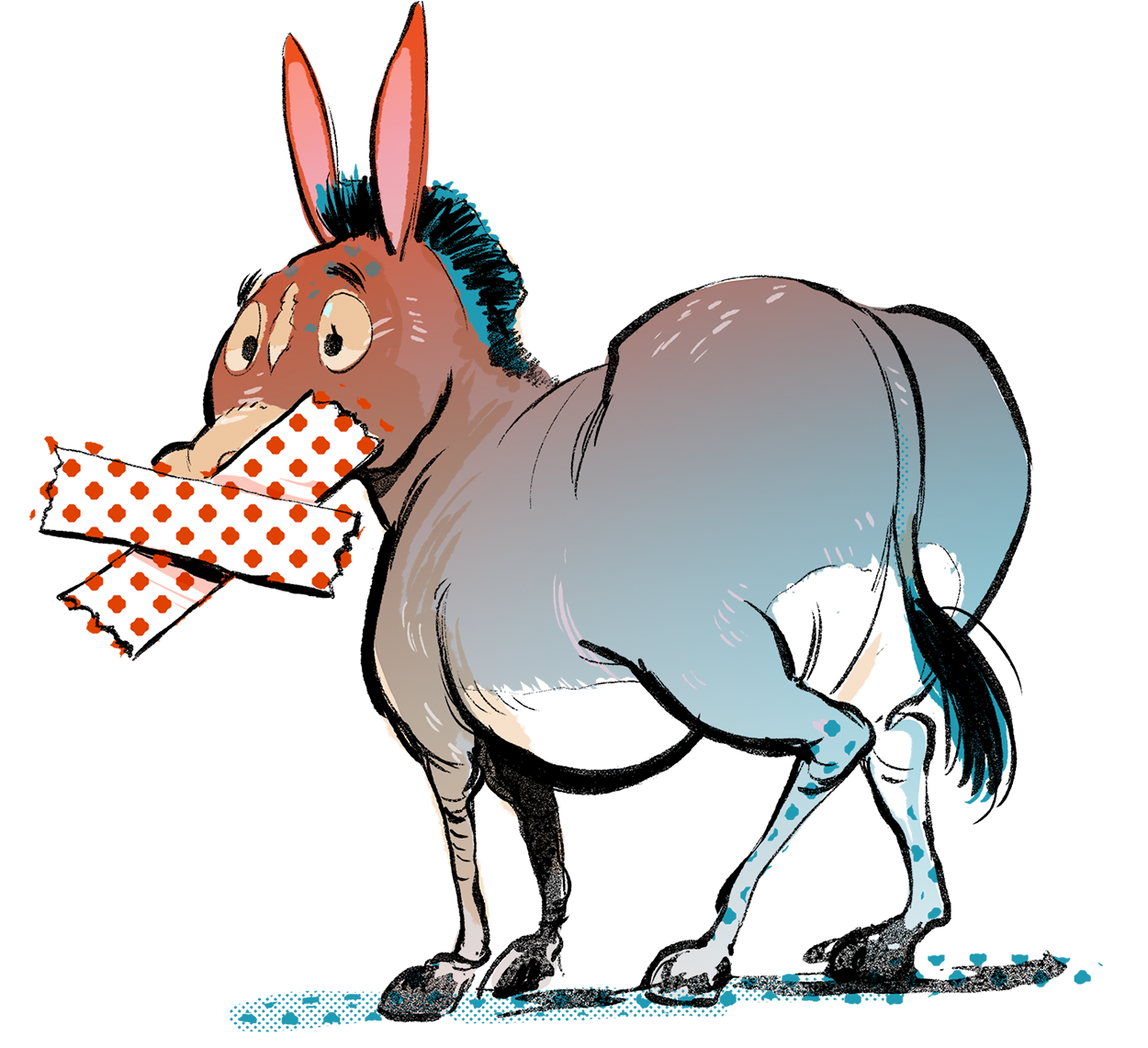 Illustration of a donkey, symbolizing the Democratic party, with masking tape covering its mouth. 