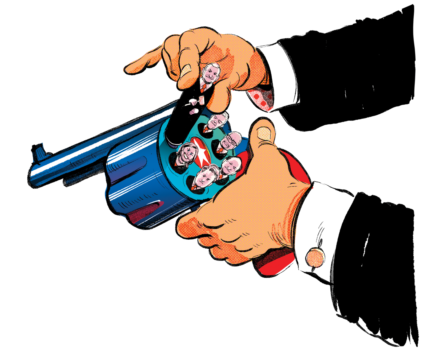 Illustration of a revolver being loaded, where the six conservative Supreme Court Justices have replaced the bullets. 
