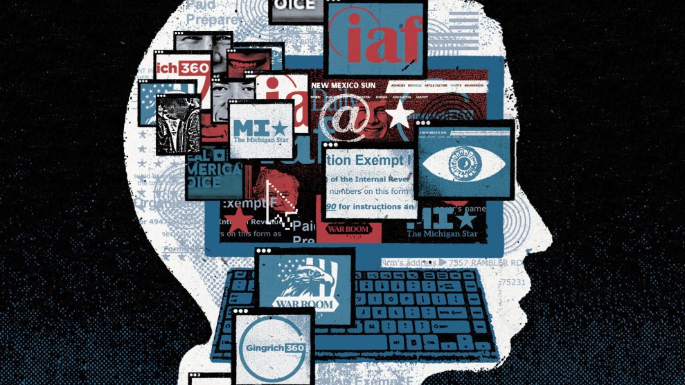 A silhouette of a person is filled with a collage of photos and images from news sites