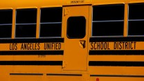 A school bus with the text "Los Angeles United School District" on it.