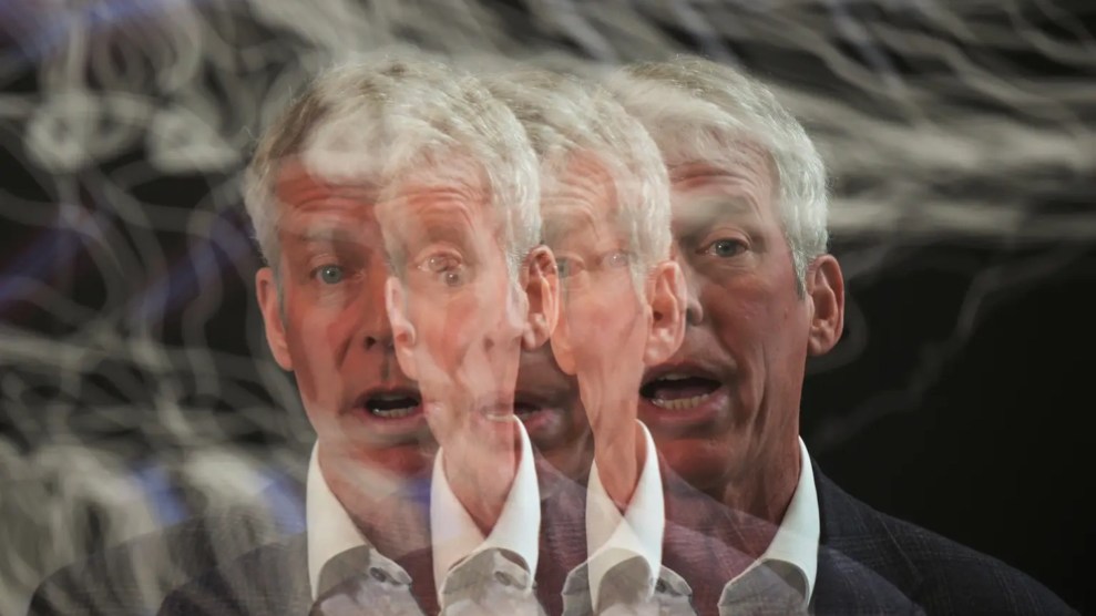 A photo of a white man with white hair that shows him multiple times overlayed on himself.