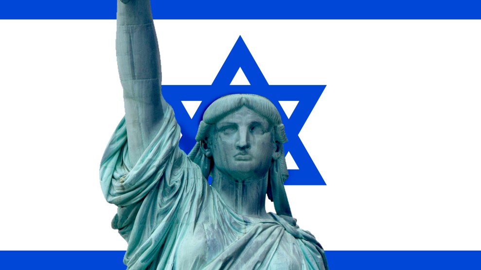 Photo collage of the Statue of Liberty in front of the Israeli flag; her crown has been replaced with the blue Star of David.