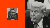 A black-and-white photo collage: on the right, Donald Trump looks to the side; on the left, a smaller square shows a man speaking into a microphone, set against a solid red-orange background.