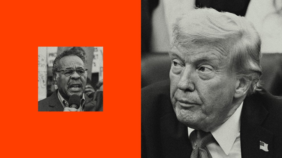 A black-and-white photo collage: on the right, Donald Trump looks to the side; on the left, a smaller square shows a man speaking into a microphone, set against a solid red-orange background.