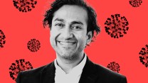 Portrait of Vinay Prasad, a smiling man, on a background with stylized COVID 19 virus strains behind him.