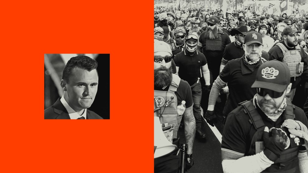 Split image: on the left, a portrait of a man in a suit against a red background; on the right, a black-and-white photo of a large group of men in tactical gear and face coverings marching together.