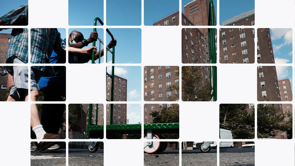 Photo of two men pushing a moving dolly in front of a public housing building; the photo is overlaid with a grid, where various squares have been removed to reveal a white background.