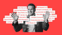 A photo illustration on a red background of a middle-aged Caucasian man wearing a plaid sport coat and open-collar shirt. He's smiling and holding both hands up, palms outward. All around him are white blocks with the names of companies he's lobbied for.