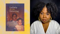 Photo collage featuring the book cover for "LULLABY FOR THE GRIEVING" on the left and a portrait of the author, Ashley M. Jones, a young black woman, on the right.