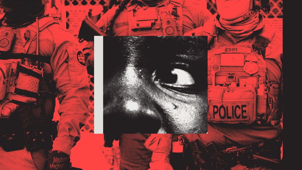 Photo collage with a close-up of a wide-eyed, scared person of color overlaid on a red-tinted close-up of uniformed ICE agents.