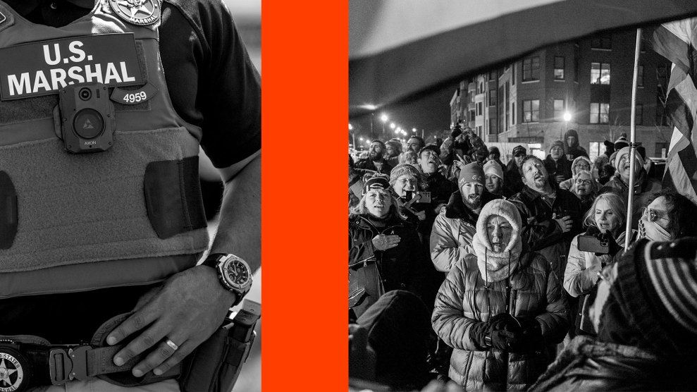 Split image showing a close-up of a U.S. Marshal’s vest and badge on the left, and a black-and-white photo of a bundled crowd at night, some with hands over hearts, on the right.