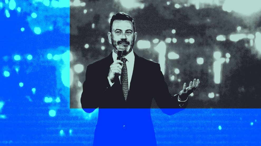 A photo illustration of a man in a suit holding a microphone in front of a stylized blue tinted background of city lights.