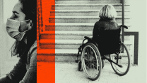 Split image showing a woman in a face mask on the left and a person in a wheelchair facing a staircase on the right