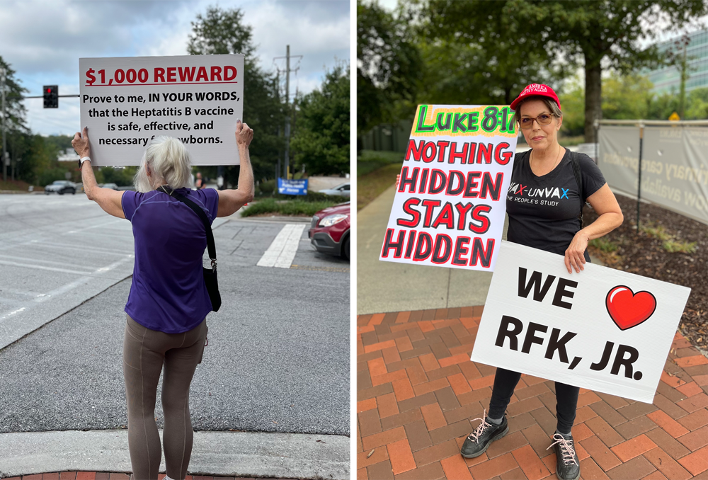 A diptych of two women holding signs on a street corner in Washington, D.C. One sign reads "We (heart emoji) RFK, Jr.