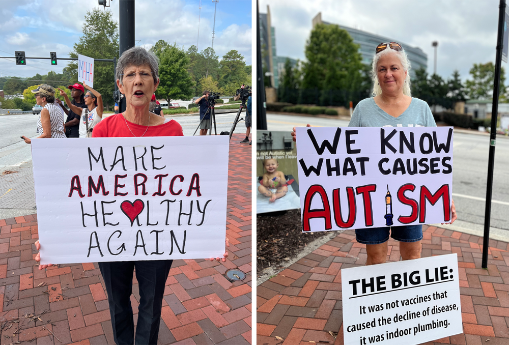 A diptych of two women holding signs that read "Make America Healthy Again," and "We Know What Causes Autism" on a street corner in Washington, D.C.