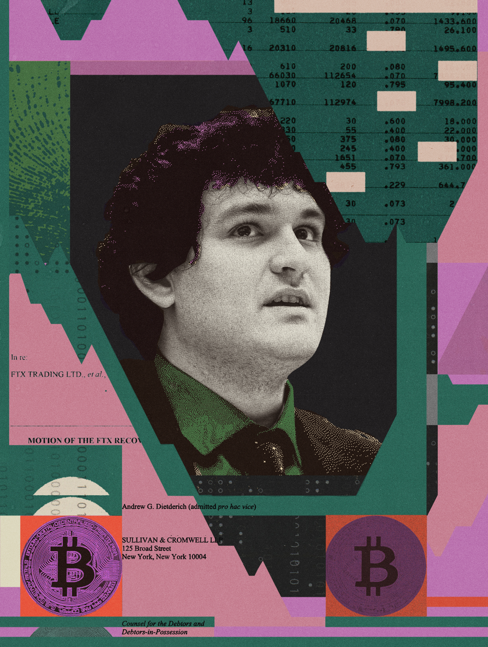 A collage centering Sam Bankman-Fried. Bankman-Fried is a young man with thick curly hair. Around him are documents that read "FTX" and "SULLIVAN & CROMWELL." There are also bitcoin icons and green and purple shapes that evoke the rise and fall of stock.
