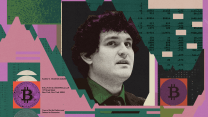 A collage centering Sam Bankman-Fried. Bankman-Fried is a young man with thick curly hair. Around him are documents that read "FTX" and "SULLIVAN & CROMWELL." There are also Bitcoin icons and green and purple shapes that evoke the rise and fall of stock.